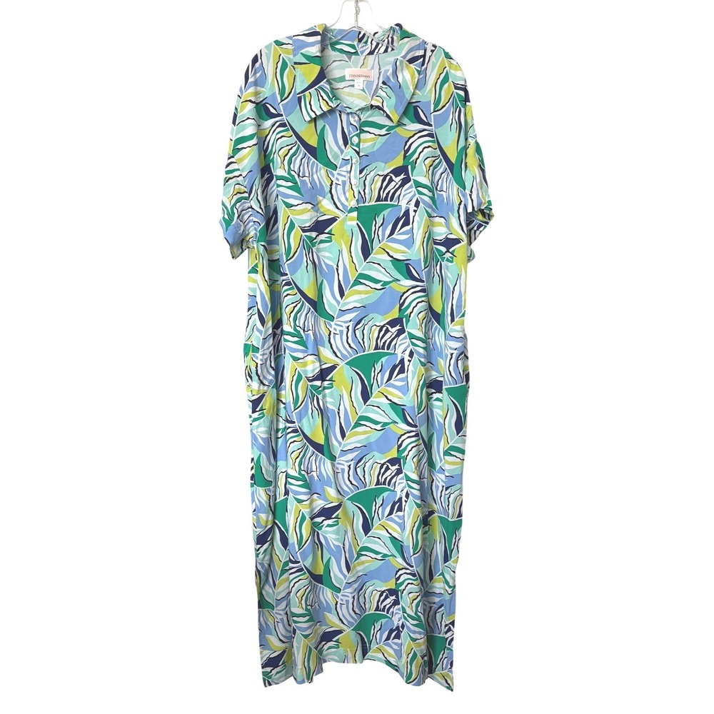 Stan Herman Button Placket Woven Caftan Lounge Dress Blue Green Tropical 1X
